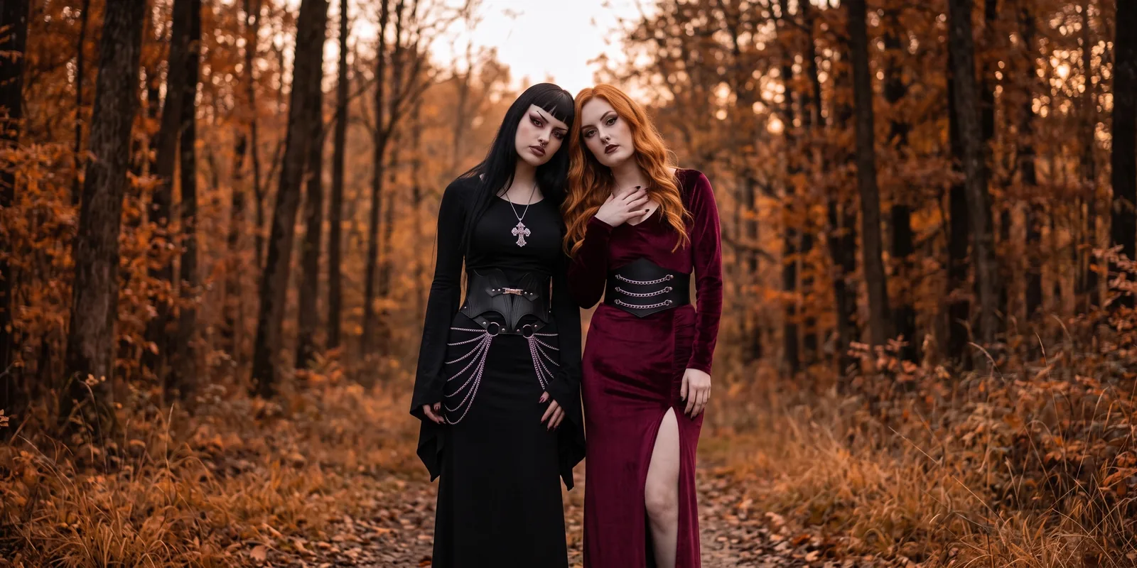 Dos modelas con vestidos góticos DVRKSTAR, uno negro con corset de cuero y cadenas y otro de terciopelo vinotinto con cinturilla, en un bosque de otoño