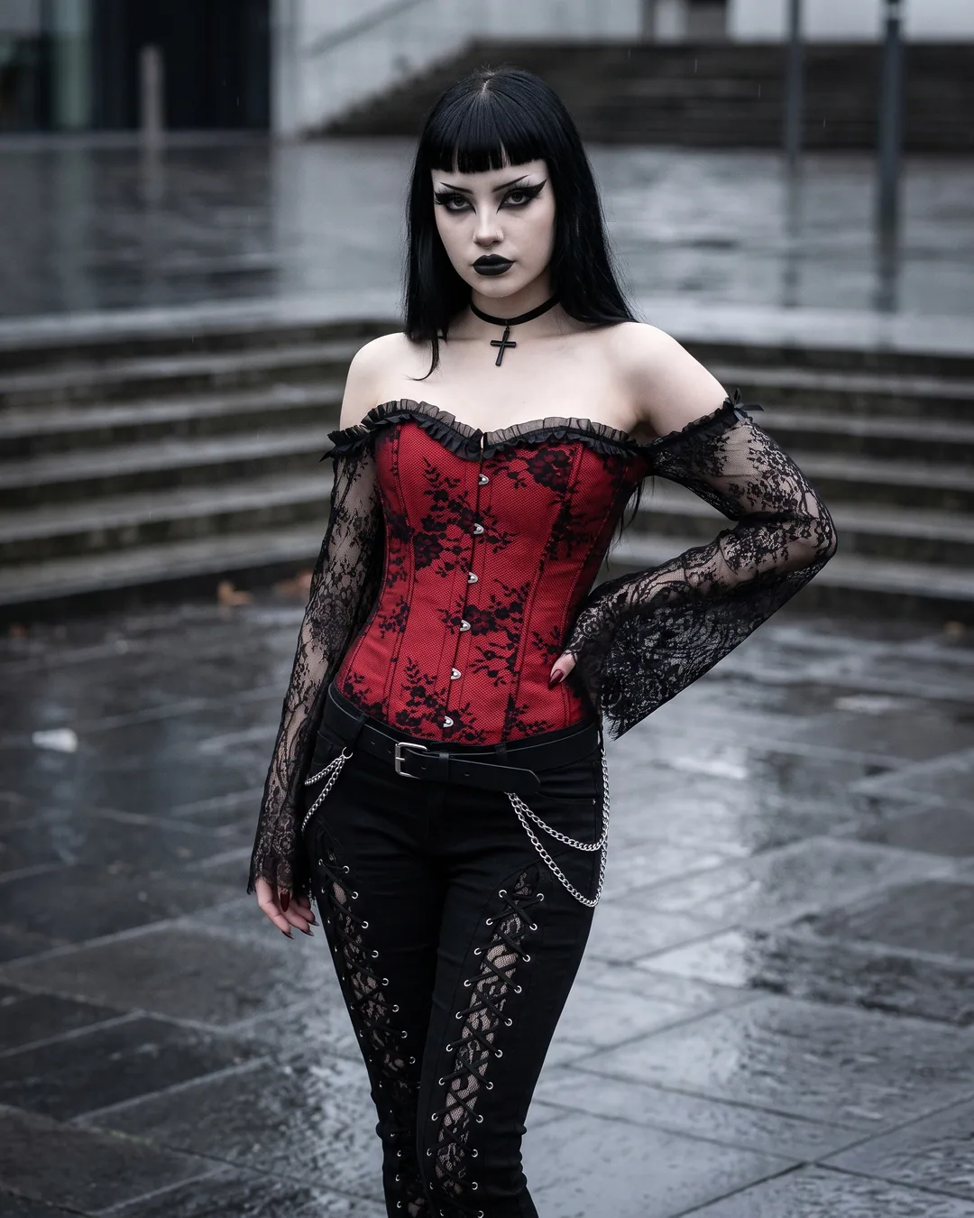 Corset encaje black/red