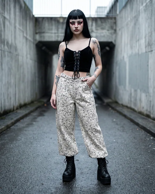 Pantalón baggy marfil manchas de tinta