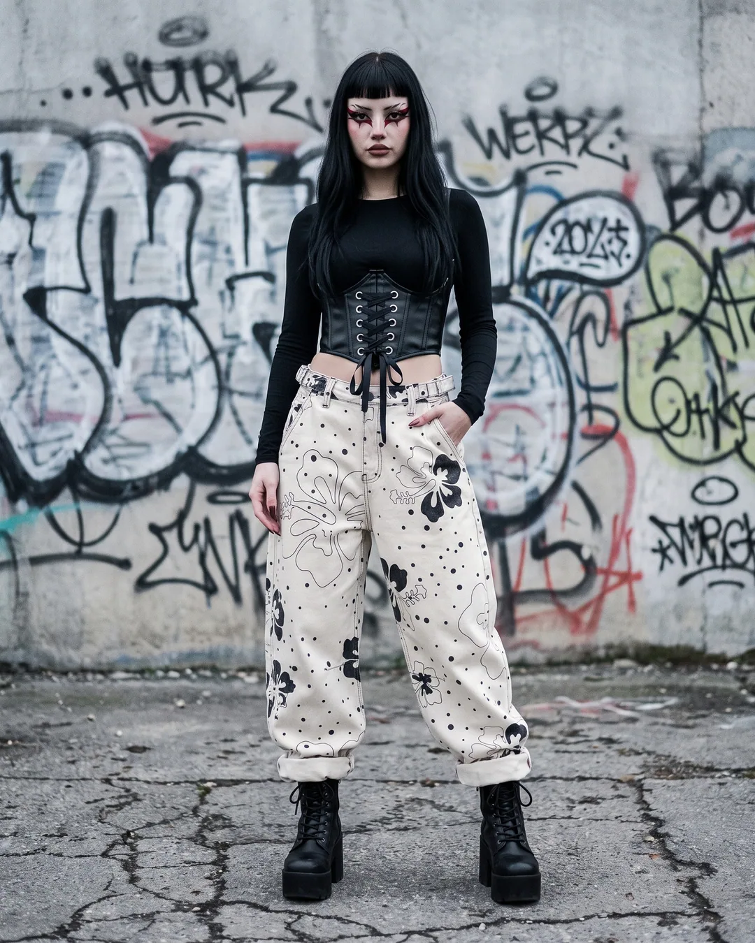 Pantalón baggy marfil ramo negro