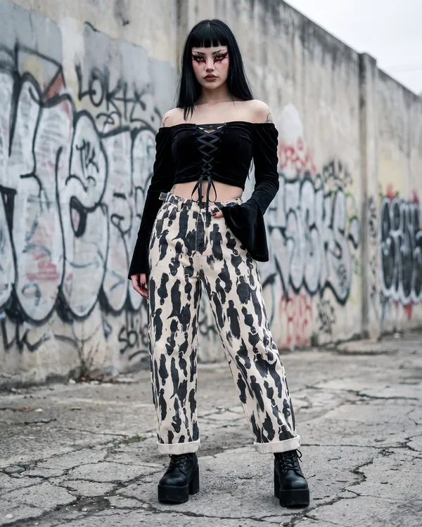 Pantalón baggy marfil manchas fantasma
