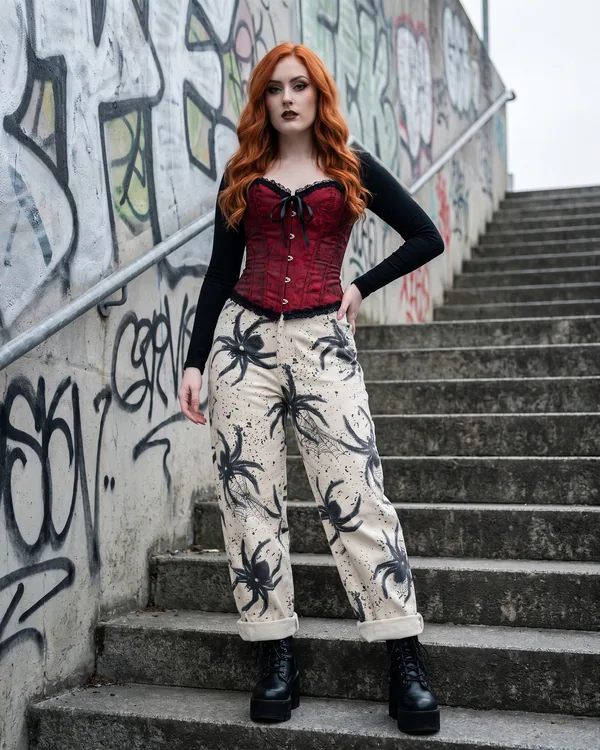 Pantalón baggy marfil arañas