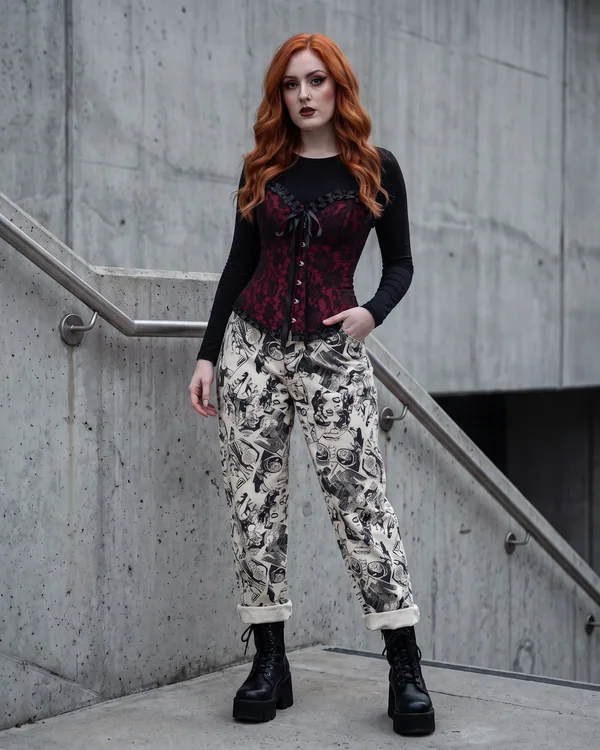 Pantalón baggy marfil grabado oscuro