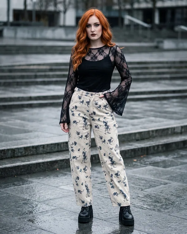 Pantalón baggy marfil manchas florales