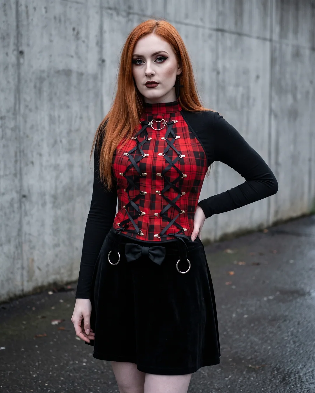 Top cuadros rojo lace up