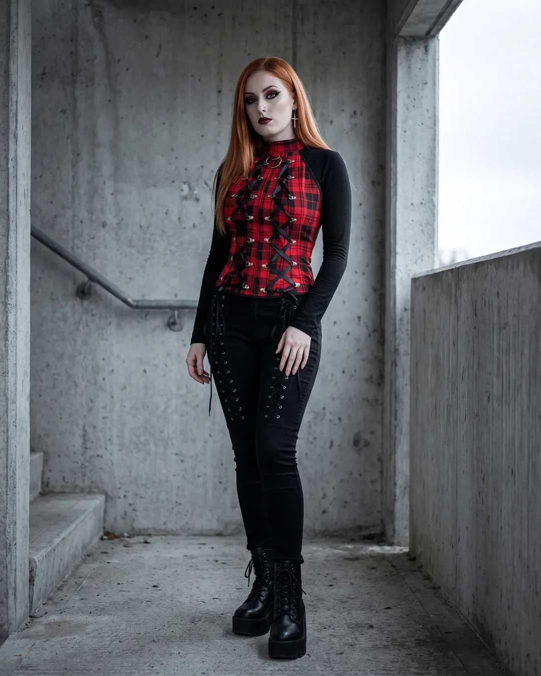 Top cuadros rojo lace up