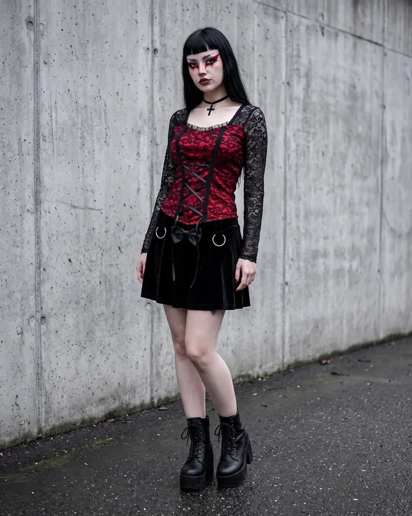 Top encaje rojo y negro mangas largas