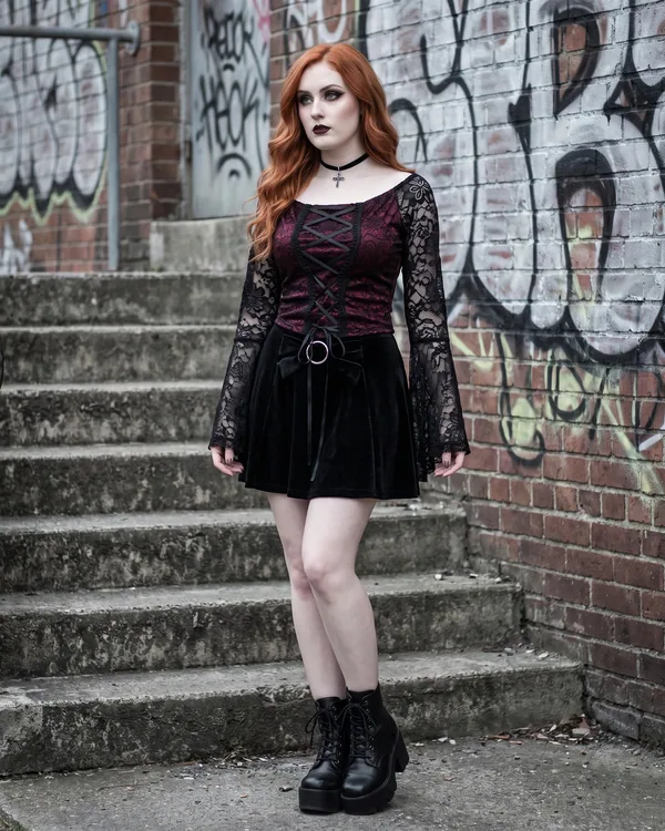 Top encaje vino lace up mangas