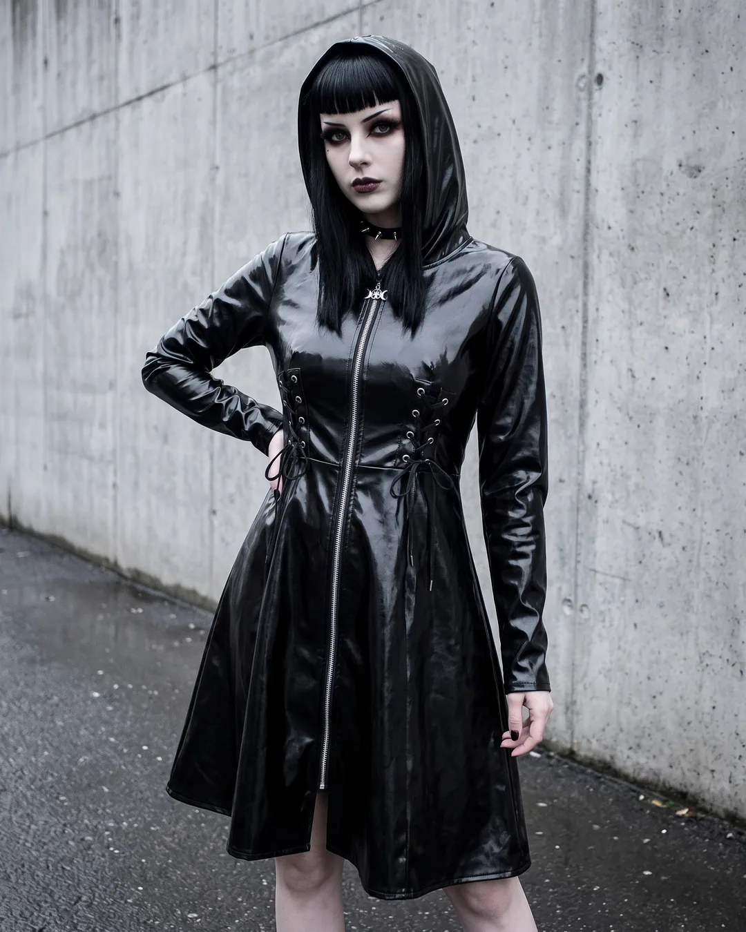 Vestido vinilo negro con capucha
