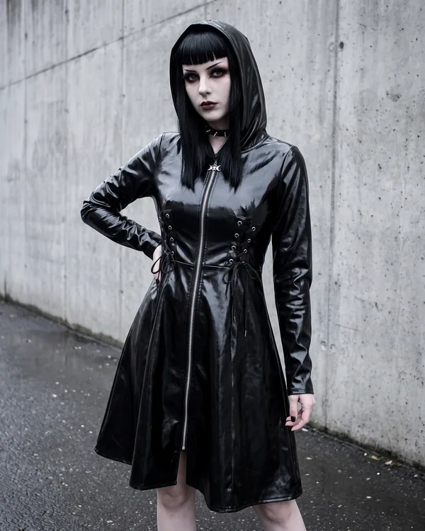 Vestido vinilo negro con capucha