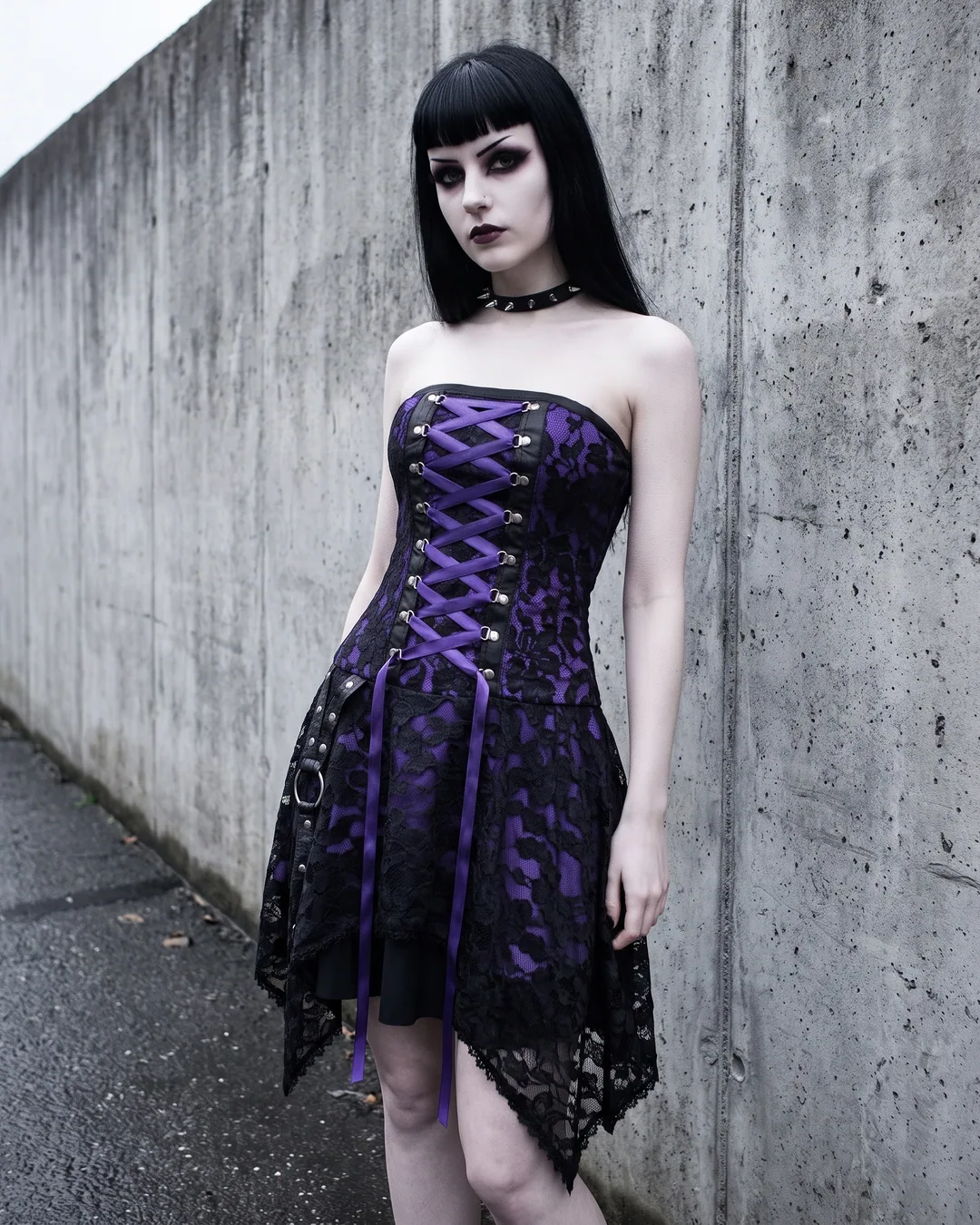 Vestido corsé encaje morado y negro