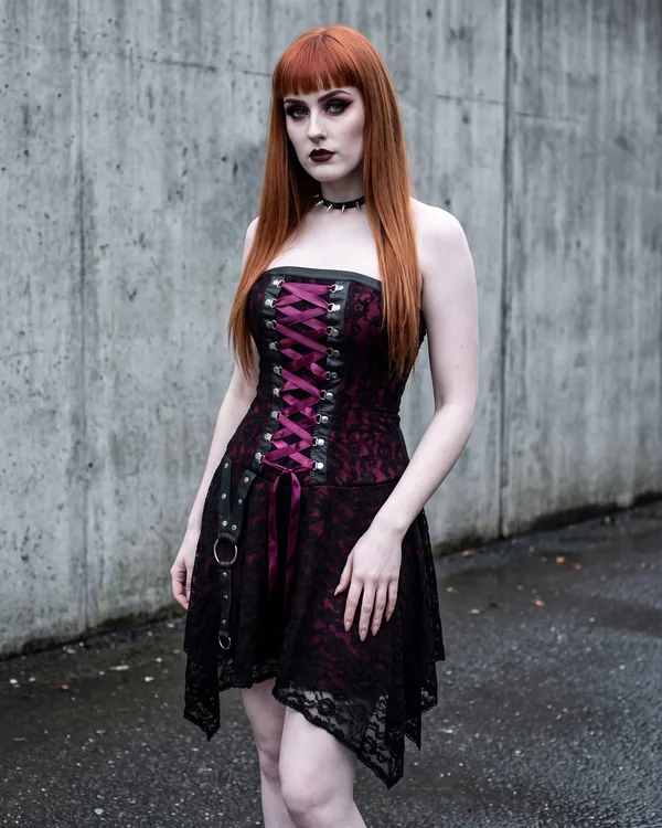 Vestido corset magenta encaje asimétrico