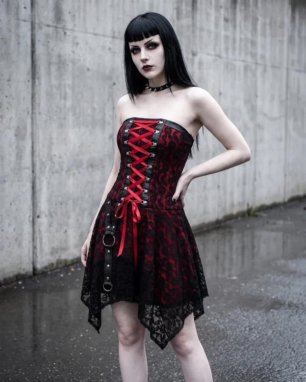 Vestido strapless encaje negro y rojo