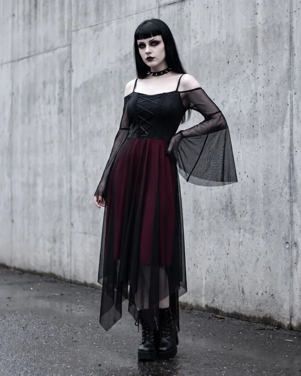 Vestido corsé malla negra y burdeos