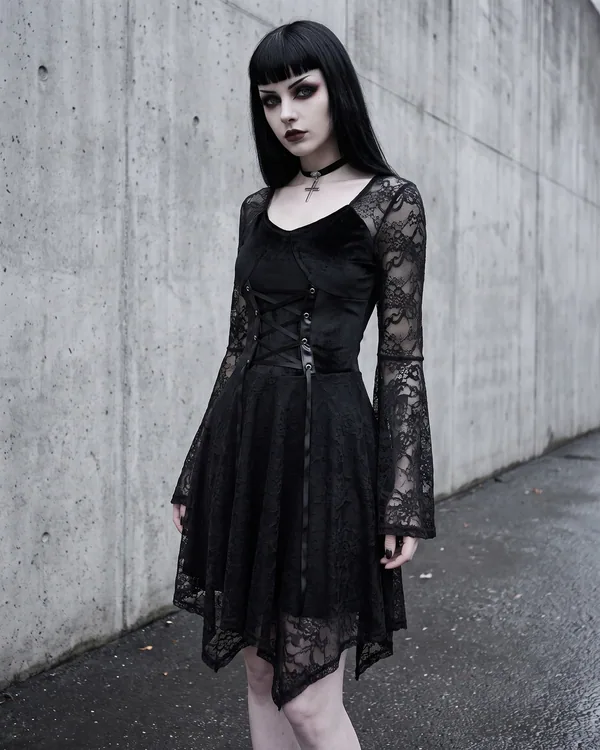 Vestido terciopelo negro mangas de encaje
