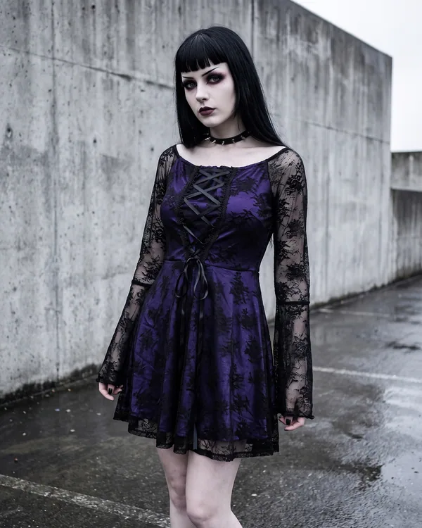 Vestido bardot encaje morado y negro