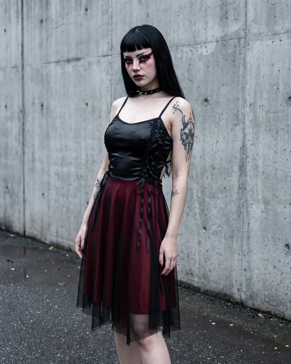 Vestido bodice satinado falda vino tul