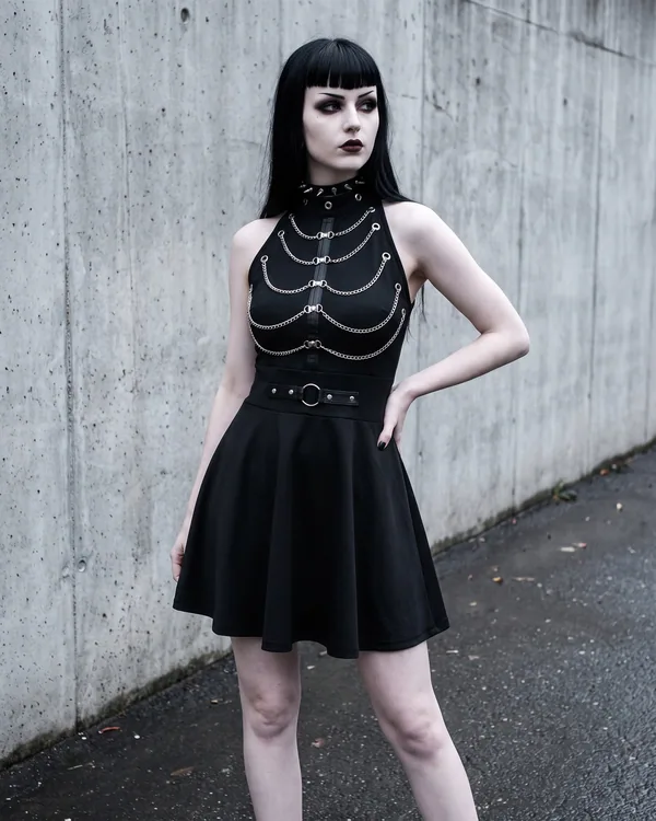 Vestido negro con cadenas al pecho