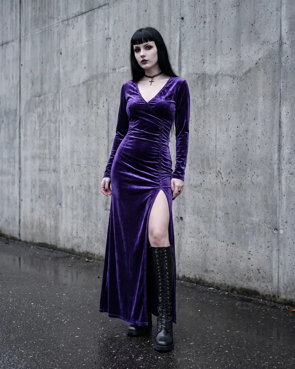 Vestido largo terciopelo morado escote V