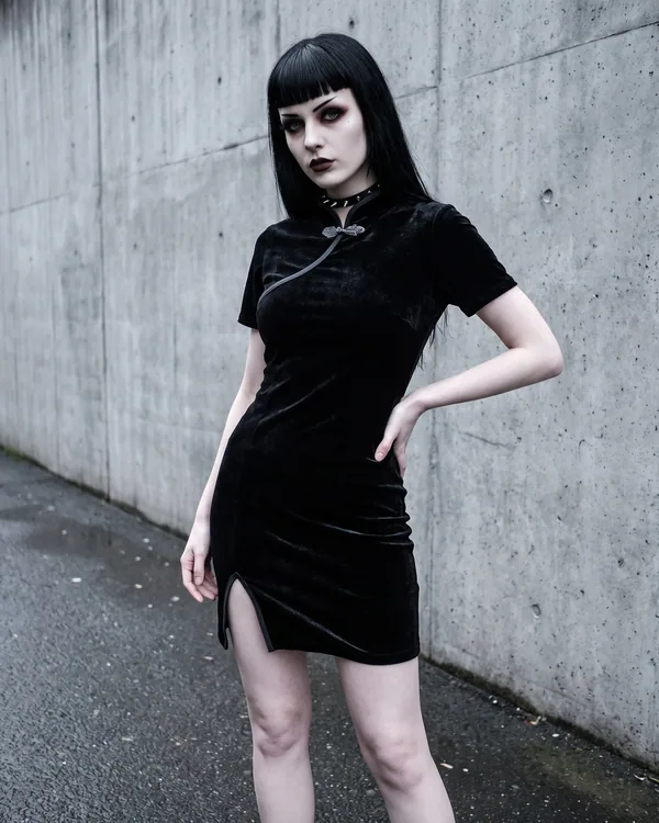 Vestido cheongsam mini negro terciopelo