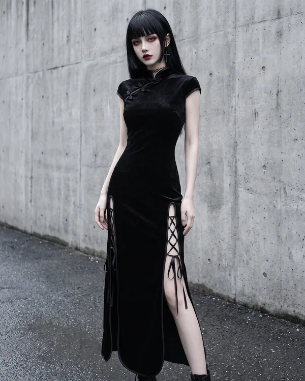 Vestido cheongsam terciopelo negro cordones