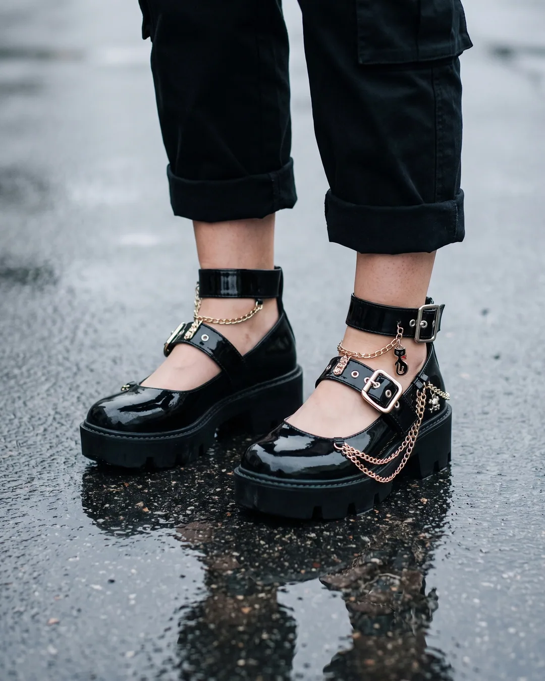 Zapatos Mary Jane negros con cadenas