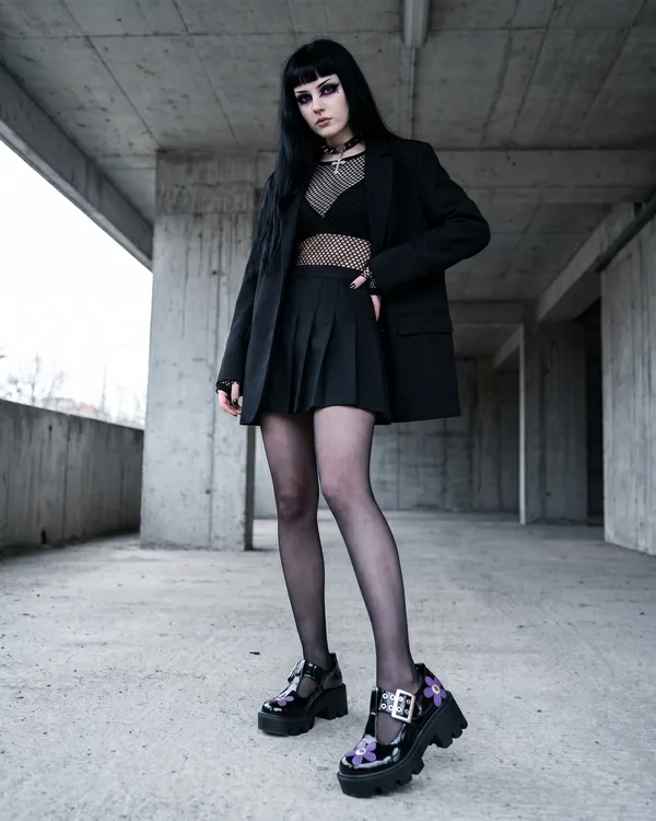 Zapatos Mary Jane negros flores lila